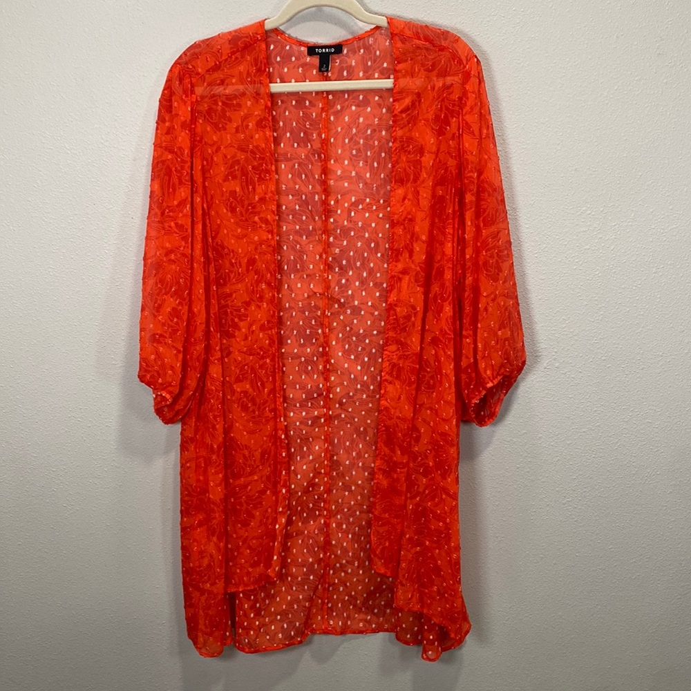 Torrid chiffon cardigan red‎ floral lantern sleeve